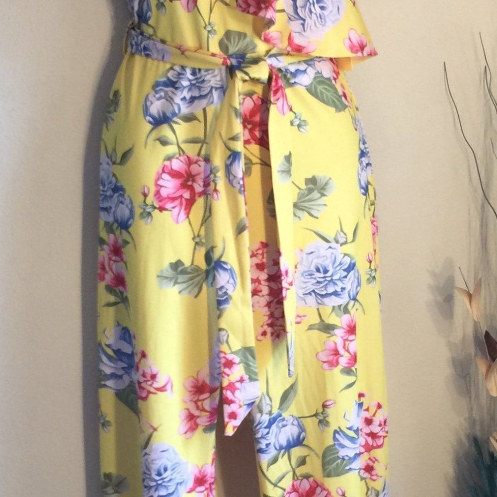 Floral jumpsuit asymetrical wrap top yellow tropical print M - Picture 6 of 11